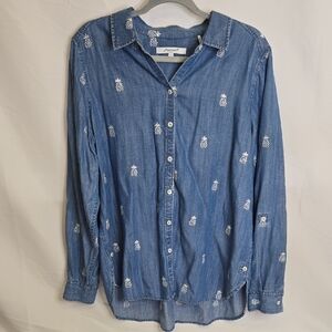 Foxcroft Carmen Pineapple Motif Button-Down Shirt, Blue/White, Women's Size 14